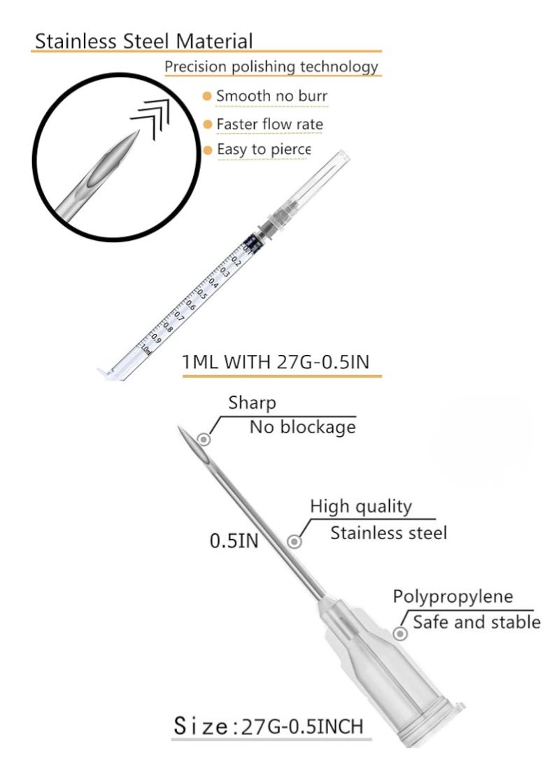 NOVAMED Disposable Syringe 1ml with 27G Needle, Luer Slip, Sterile Medical Grade Syringe, Individually Packed - Image 3